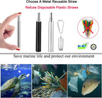 2 Pack Reusable Metal Straws Collapsible Stainless Steel Drinking Straw Travel Portable Telescopic Straw with Case,2 Cleaning Brushes Included Black/Silver
