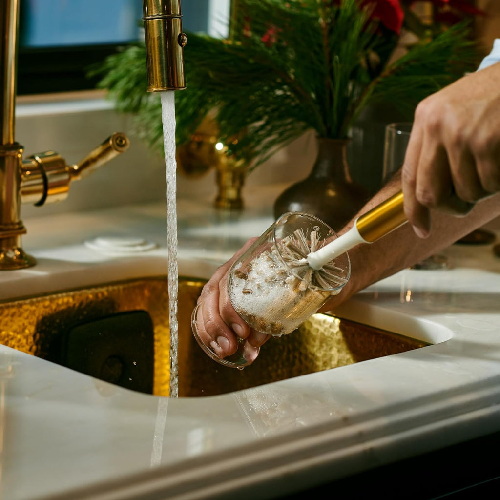 Ionic Bottle Brush, Magnetized to Stand Upright, Stainless Steel with Replaceable Head, Brass/Gold