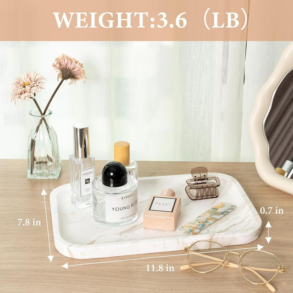 Marble Vanity Tray, Marble Bathroom Tray Countertop, Decorative Trays for Dresser Organizer, White Stone Storage Serving Trays for Kitchen, Perfume, Jewelry Cathall Holder