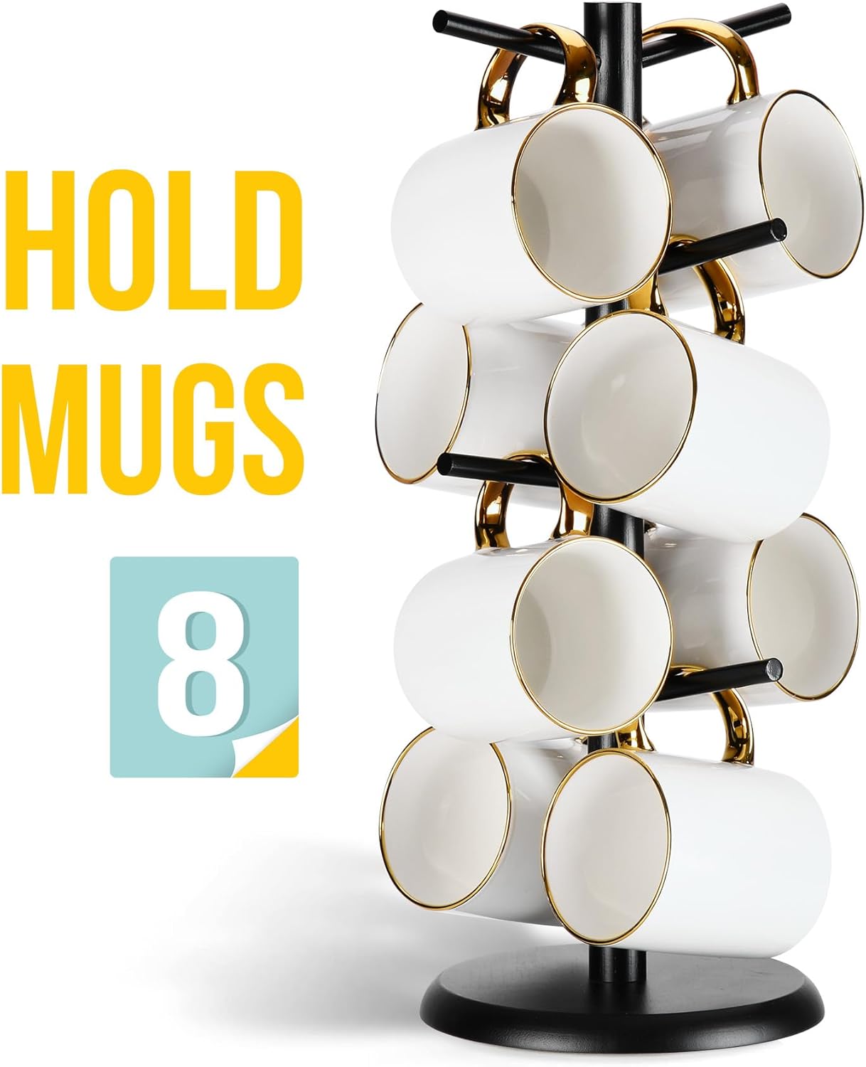 Lorbro Coffee Mug Tree with 8 Hooks, Mug Tree Stand, Wooden Coffee Cup Holder, Countertop Mug Tree, Mug Stand Kitchen Organizer, Cafe Accessories Decor & Kitchen Organizer Storage Stand (Black)