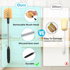 3 in 1 Stainless Steel Long Handled Water Bottle Brush Set, Kitchen Scrubber Cleaning Brush for Mugs, Coffee Cups, Glassware, Wine Glasses, Wake-Ups, with Straw Cleaner, Brown