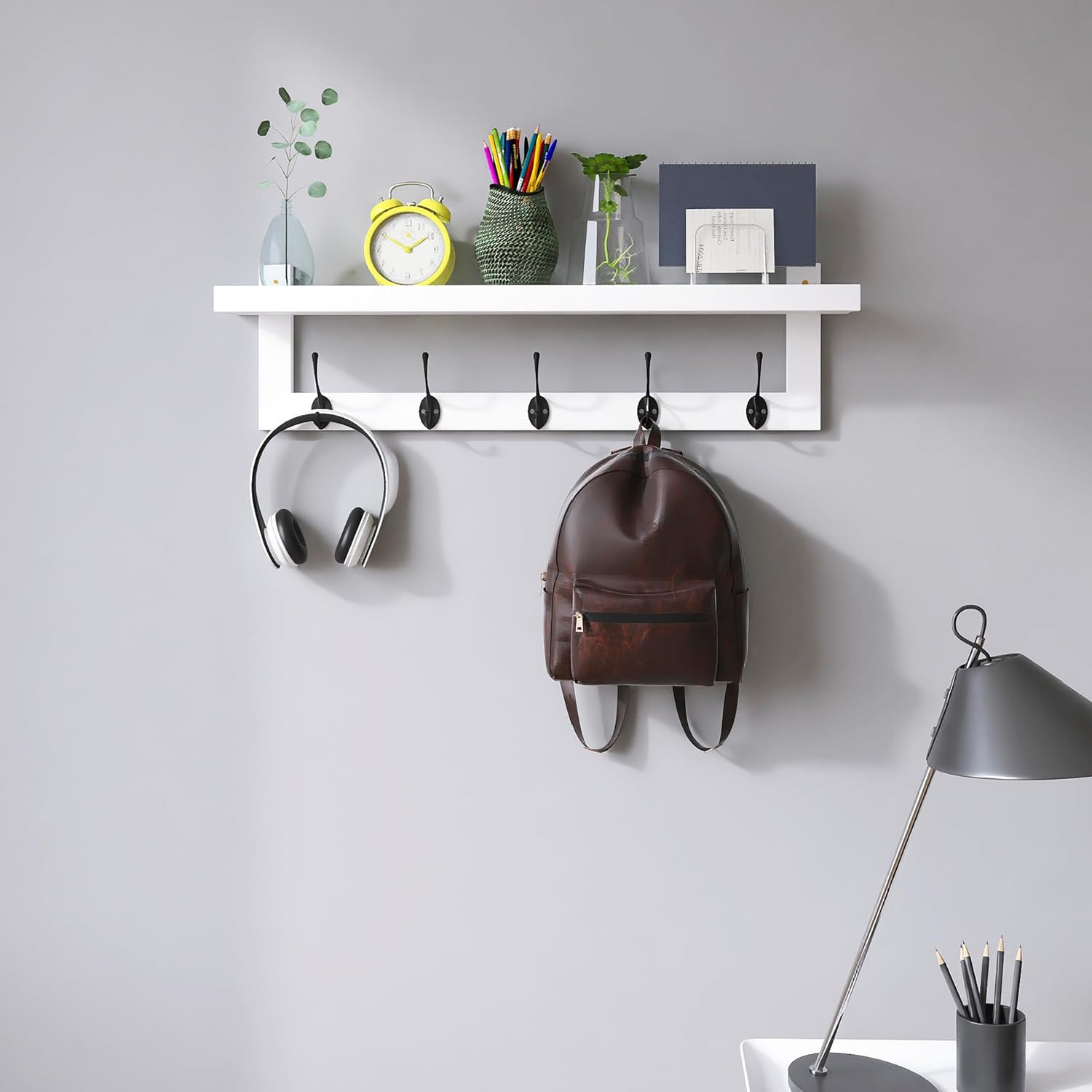 SMIBUY Coat Hooks with Shelf Wall-Mounted, 29.2 Inch Entryway Coat Rack for Wall, Bamboo Hanging Shelf with 5 Double Metal Hooks for Bathroom, Bedroom, Kitchen, Living Room (White + Black)