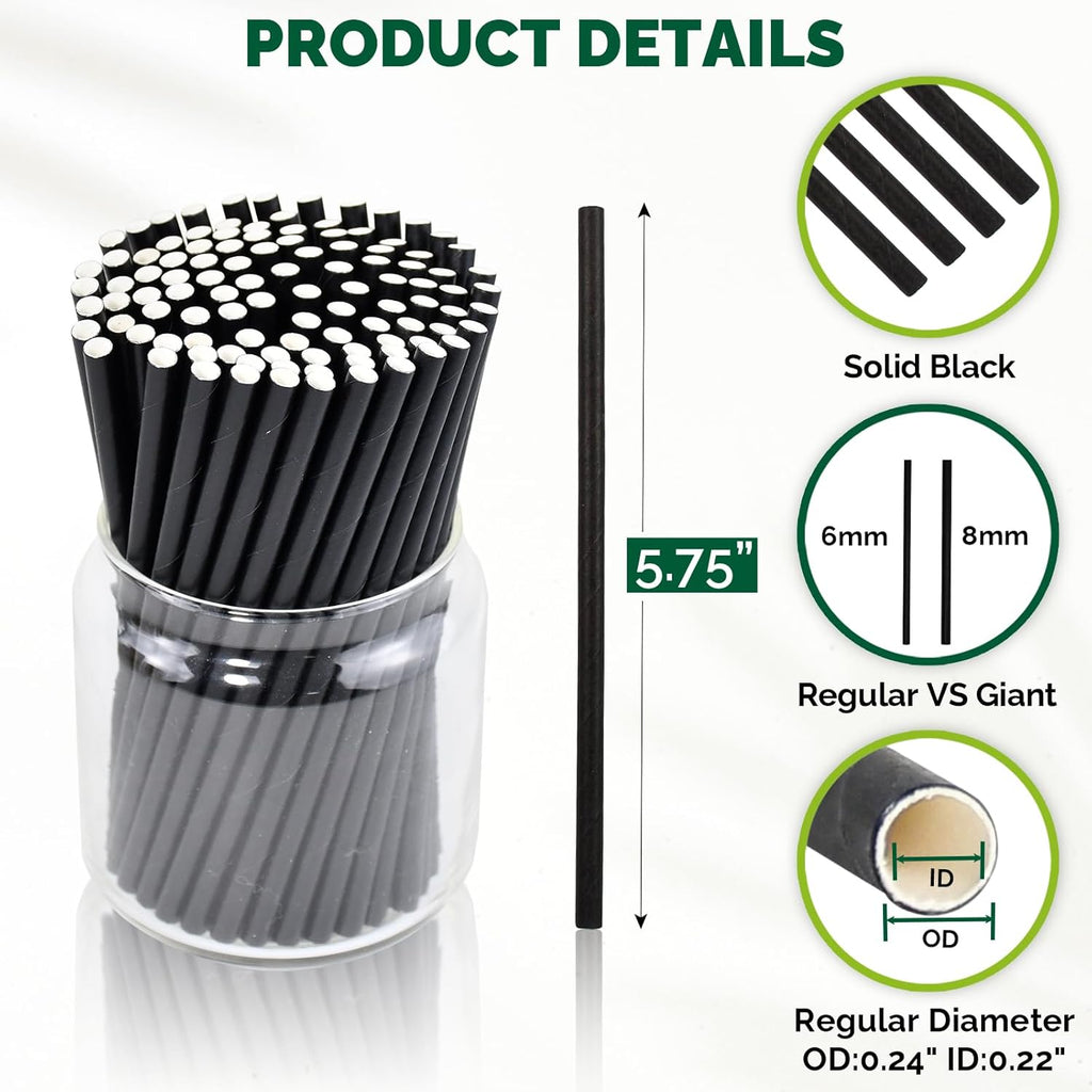 [500 Bulk] 5.75 inch Black Short Paper Straws, Stir Straws for Cocktail, Coffee, Mixed Drinks - Home, Bar and Restaurant Straws - 100% Biodegradable