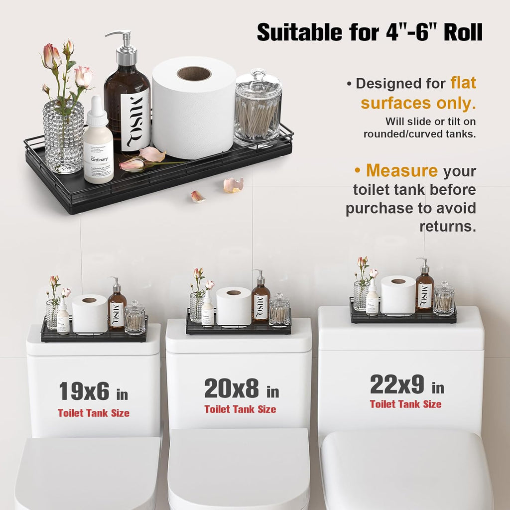 Bathroom Toilet Tank Tray, 13" Wood Toilet Paper Storage Basket Tray Back of Toilet Basket Organizer,Vanity Tray for Perfume Makeup Candle Decor, Black & Farmhouse Brown