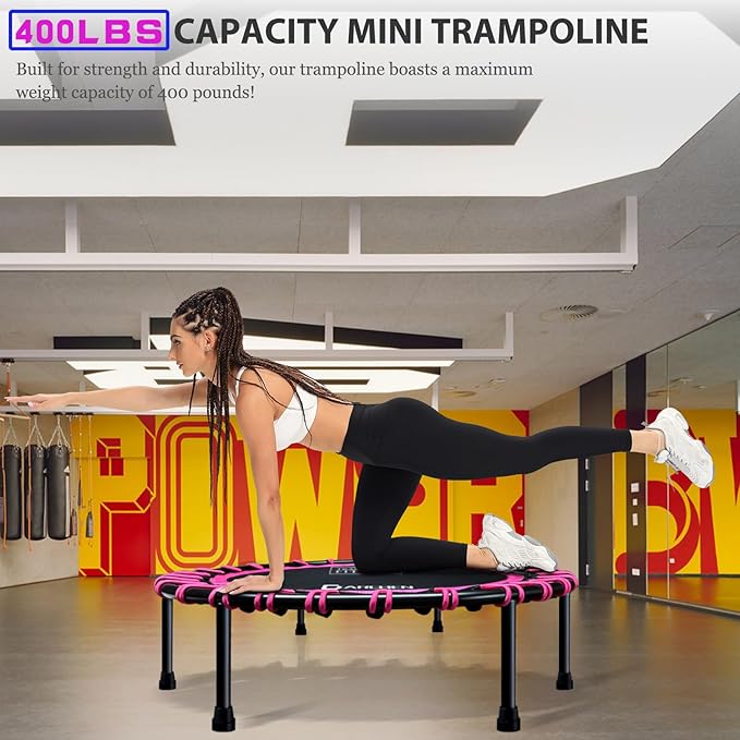DARCHEN 400LBS Rebounder Trampoline for Adults, Indoor Mini Trampoline Silent Fitness Trampoline Small Bungee Rebounder Jumping Cardio Trainer Workout Exercise Workout with Handrail Bar [40 Inch]