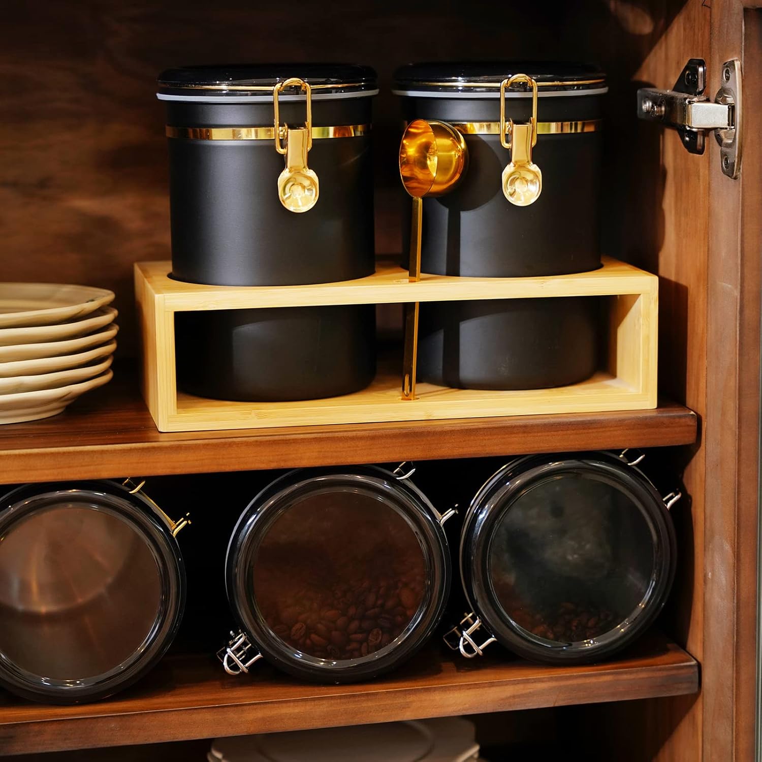 Yangbaga 304 Stainless Steel Coffee Canisters for Ground Coffee,2 x 63OZ Coffee Container with Shelf Coffee Bean Storage, Food Storage Jar with Gold Airtight Locking Clamp and Spoon for Kitchen