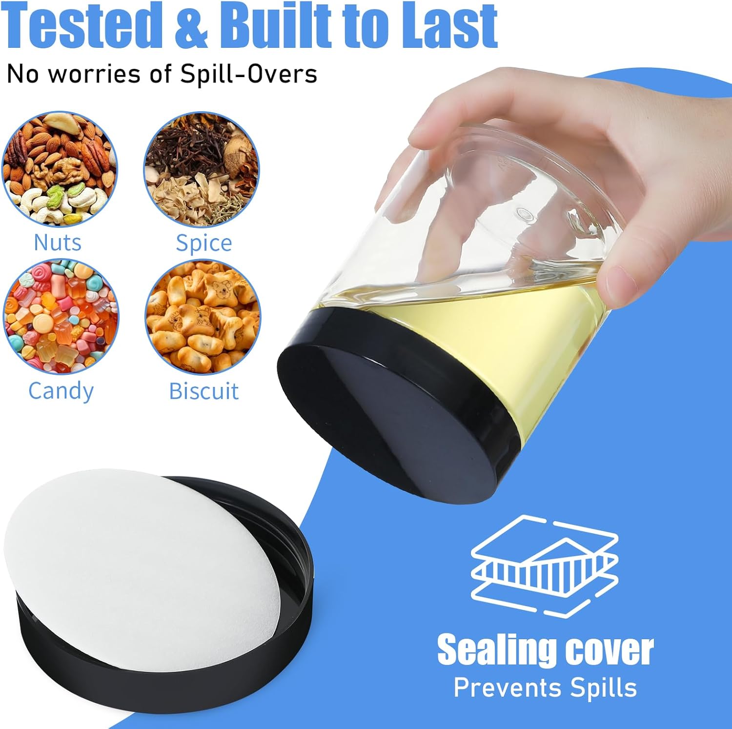 Plastic Jars with Lids, 16 oz Plastic Containers with Lids Clear Airtight Container Storage Jar Mason Jars for Dry Food Peanut Butter Honey Jam Cosmetics, Pack of 16 (16 PCS Black Lids)