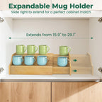 EsLuker.ly Coffee Mug Cup Holder Rack for Cabinets Countertop, 2 Tier Expandable Mug Storage Organizer Bamboo Coffee Bar Station Display Stand Shelf for Kitchen Countertop, No Assembly, More Space