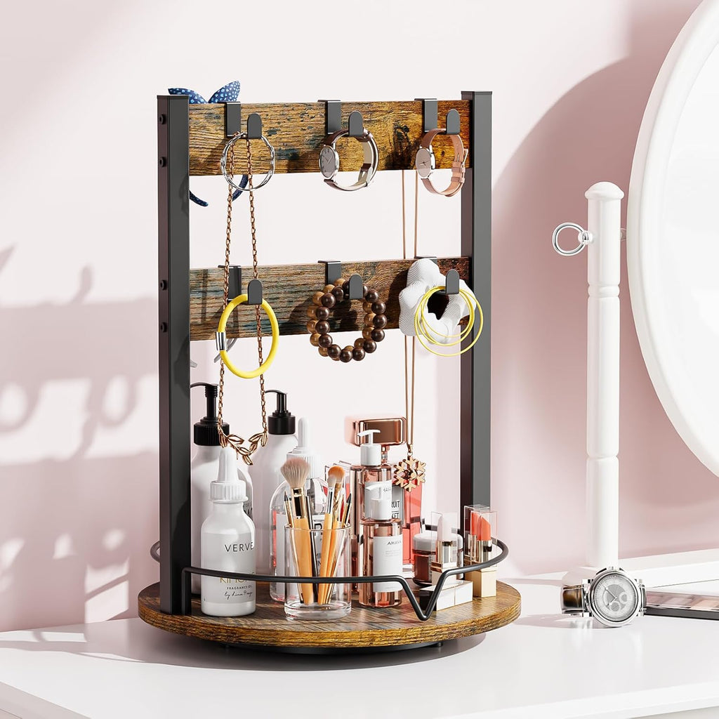 KLM Wood Coffee Mug Holder,12 Hook Mug Tree Holder Rack with Storage Base,Mug Display Organizer,Mug Holders for Home Kitchen,Support 360° rotation for easy access