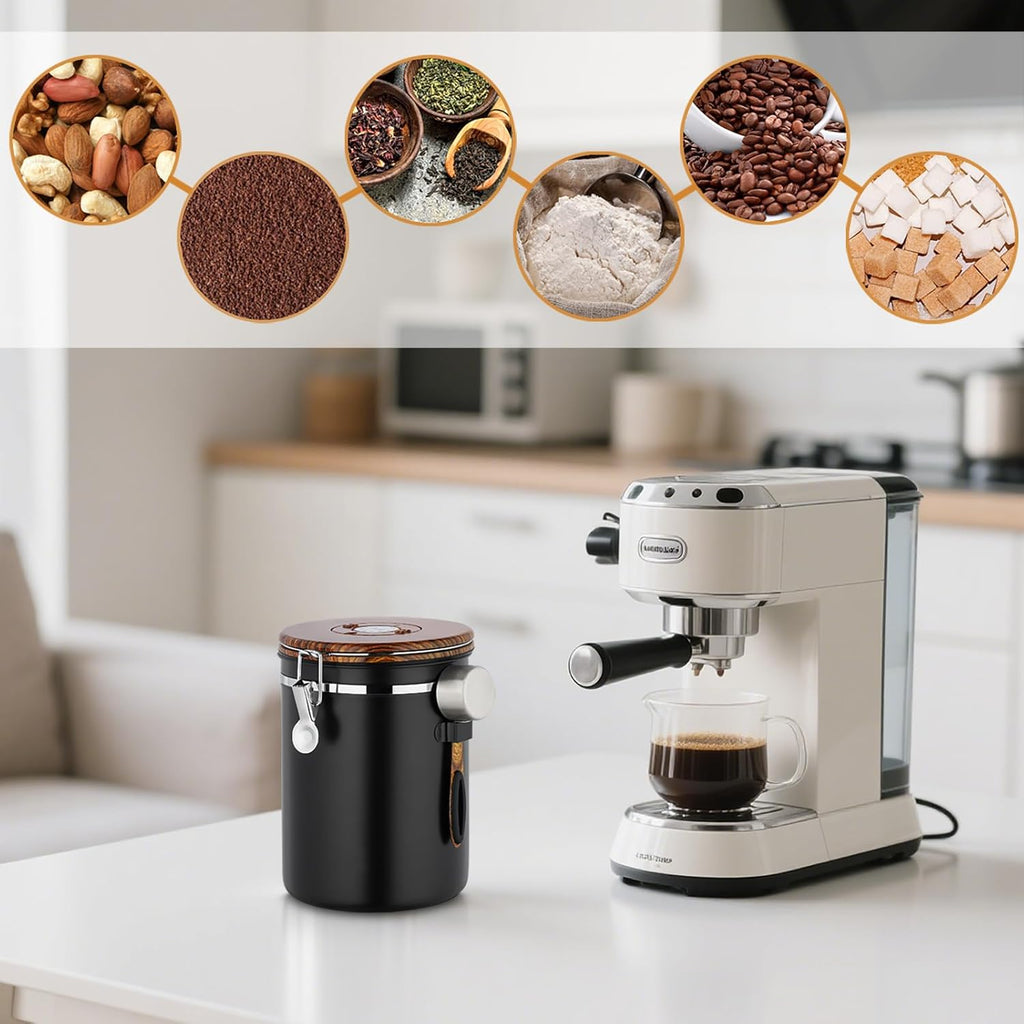 Coffee Canister, 35OZ Stainless Steel Coffee Bean Storage for 1kg Beans, Food Storage Container with Date Tracker, Scoop & CO2 Valve, Storage Jar for Grounds, Beans, Sugar, Tea