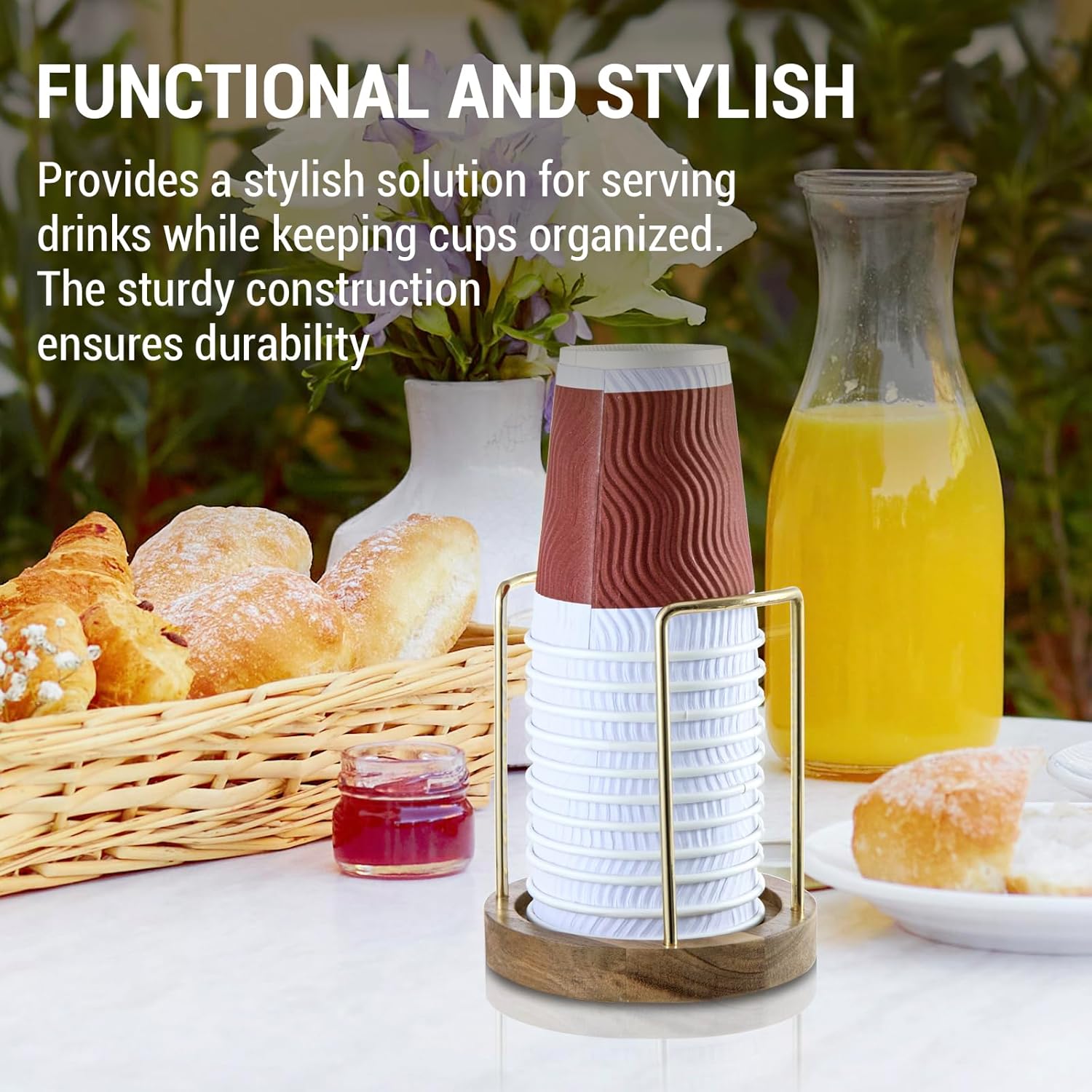 MyGift Premium Acacia Solid Wood and Brass Tone Metal Wire Countertop Plastic Cup Holder, Guest Drink Station Storage, Dispenser for Disposable Coffee Cups