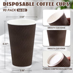 16 oz Coffee Cups Disposable, 90 Count Insulated Paper Coffee Cups, Corrugated Ripple Wall Design Paper Cup, Hot Cold Drinking Cup for Party, Picnic, Travel, Business, Home