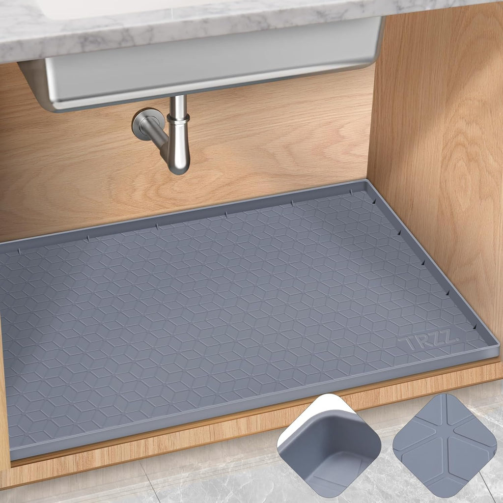 TRZZ Silicone Waterproof Under Sink Mat 28" x 19", Drip Tray and Cabinet Liner for Kitchen and Bathroom, Prevents Water Damage and Organizes Cabinets (Grey)