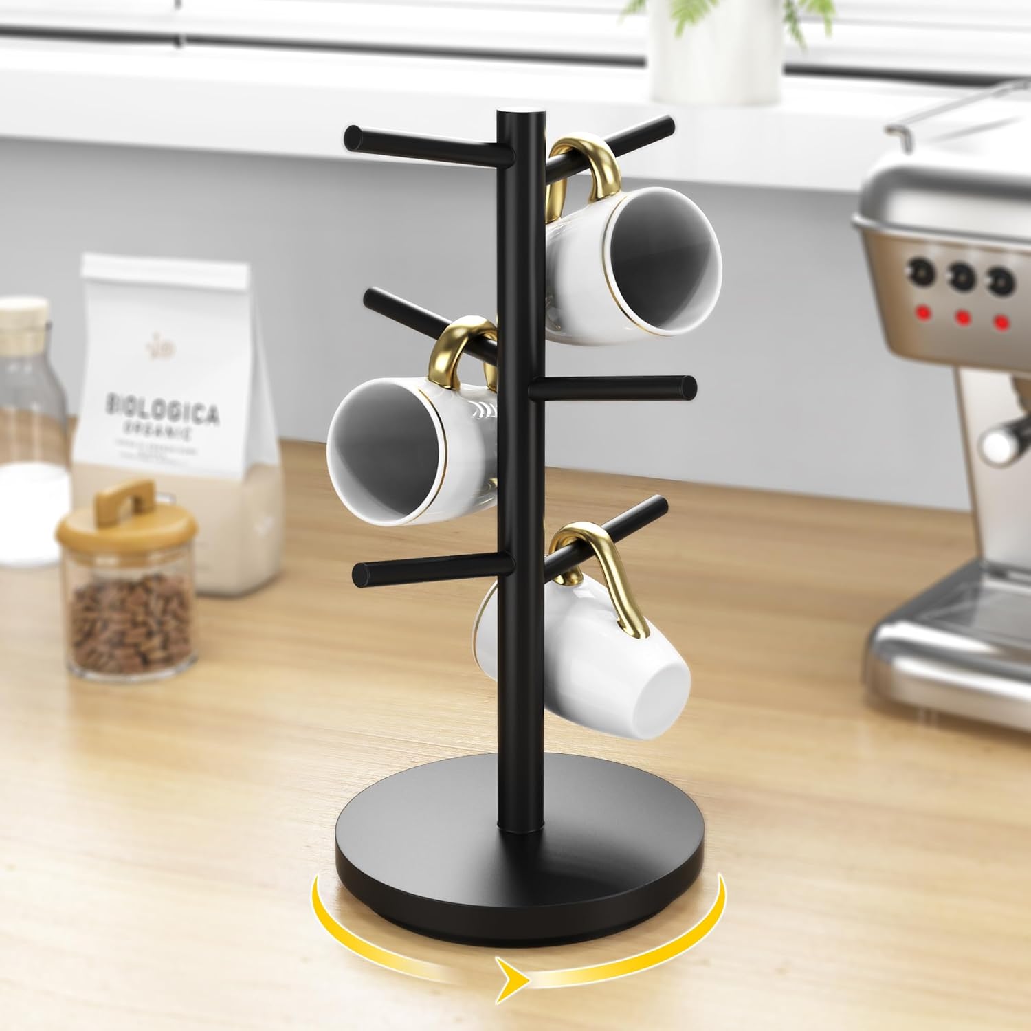 Wisuce Coffee Mug Holder Tree Upgraded 360Rotated Cup Holder for Counter Black Wood Cup Tree Mug Rack Organizer Stand with 6 Hooks for Kitchen Coffee Bar Accessories