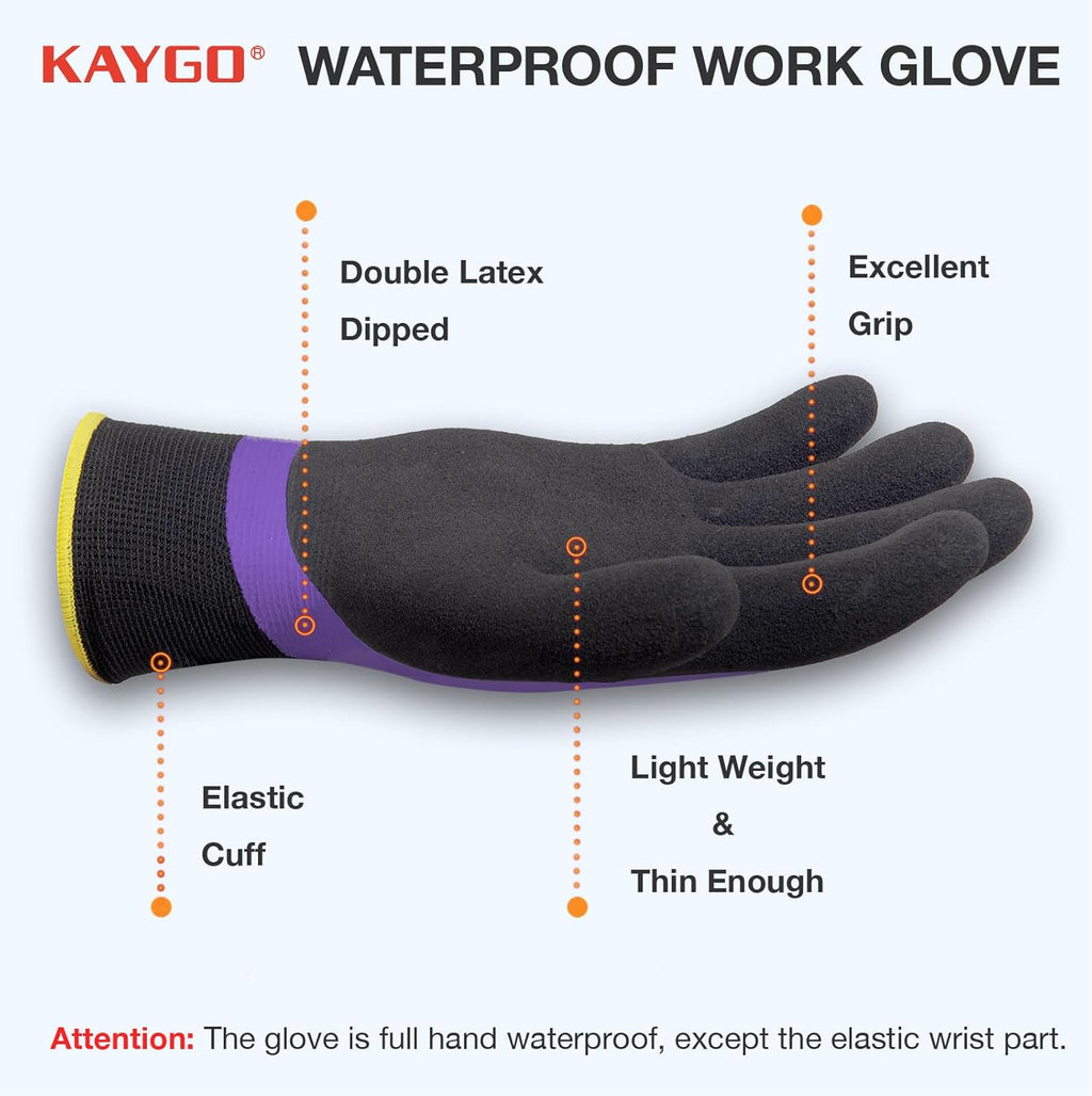 KAYGO Waterproof Work Gloves for Men and Women, Rubber Coated Non-slip Working Gloves for Garden, Outdoor Construction,KG150,Purple,XS