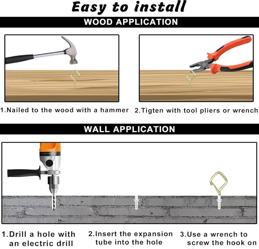 100 PCS Gold Eye Screw Hooks for Hanging Heavy Duty with Safety Buckle.Metal Ceiling Hooks for Hanging Plants Cup Wind Chime Bird Feeders Patio Lights at Indoor&Outdoor