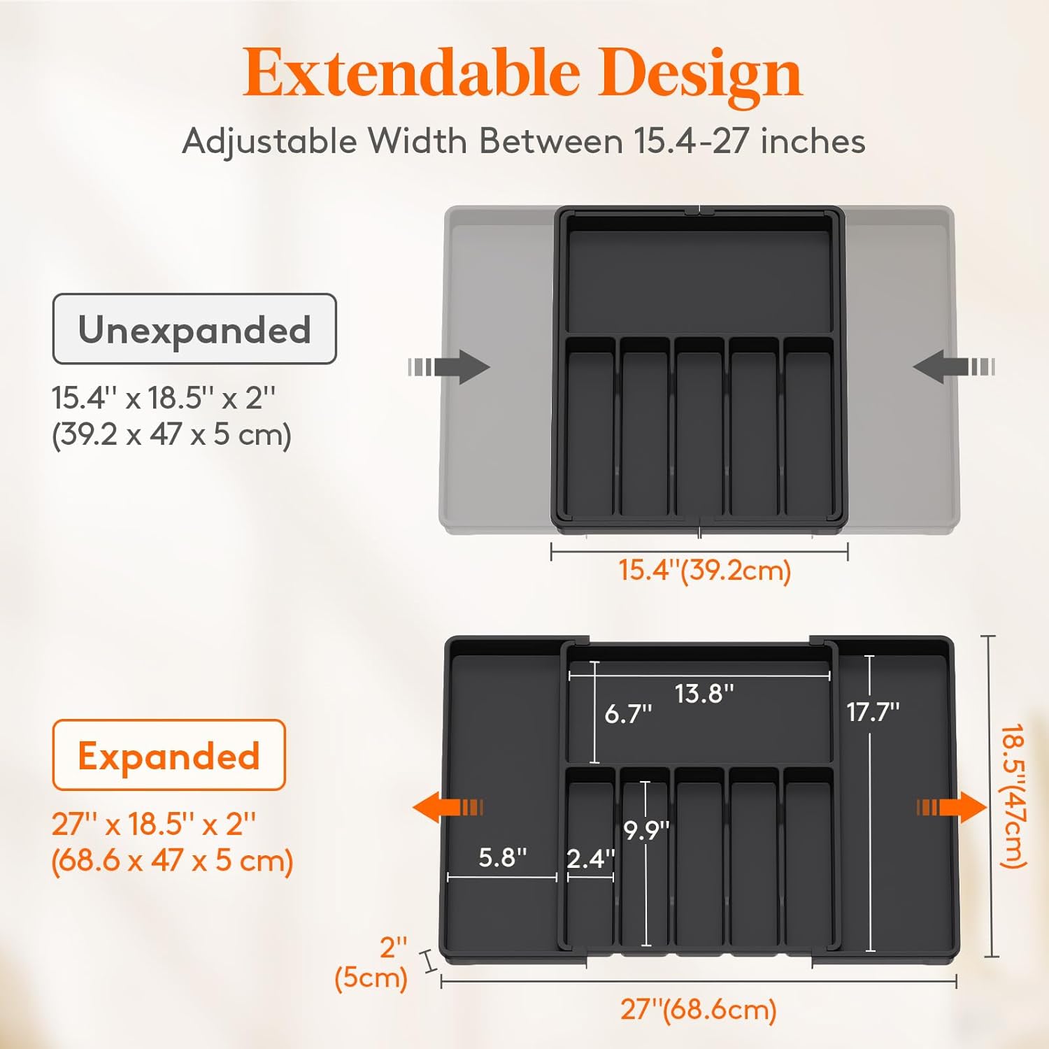 Lifewit Silverware Drawer Organizer, Expandable from 15.4 to 27 inches, Utensil Tray for Kitchen, Adjustable Cutlery Holder, Plastic Flatware Storage for Spoons Forks Knives, Extra Large, Black