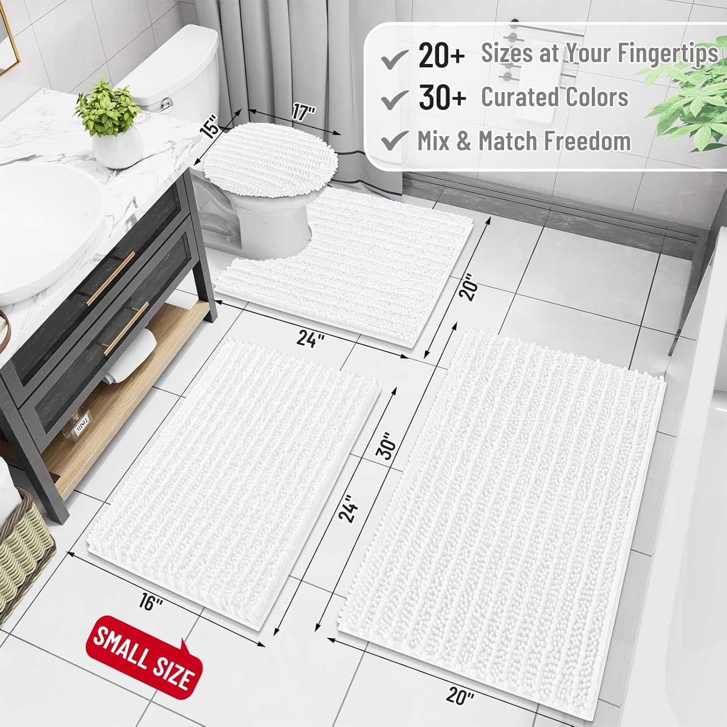 Arotive Luxury Chenille Bathroom Rug Mat, Extra Soft Thick Absorbent Shaggy Bath Rugs, Non-Slip Machine Wash Dry, Plush Bath Mats for Bathroom, Shower and Tub, 47x24, White