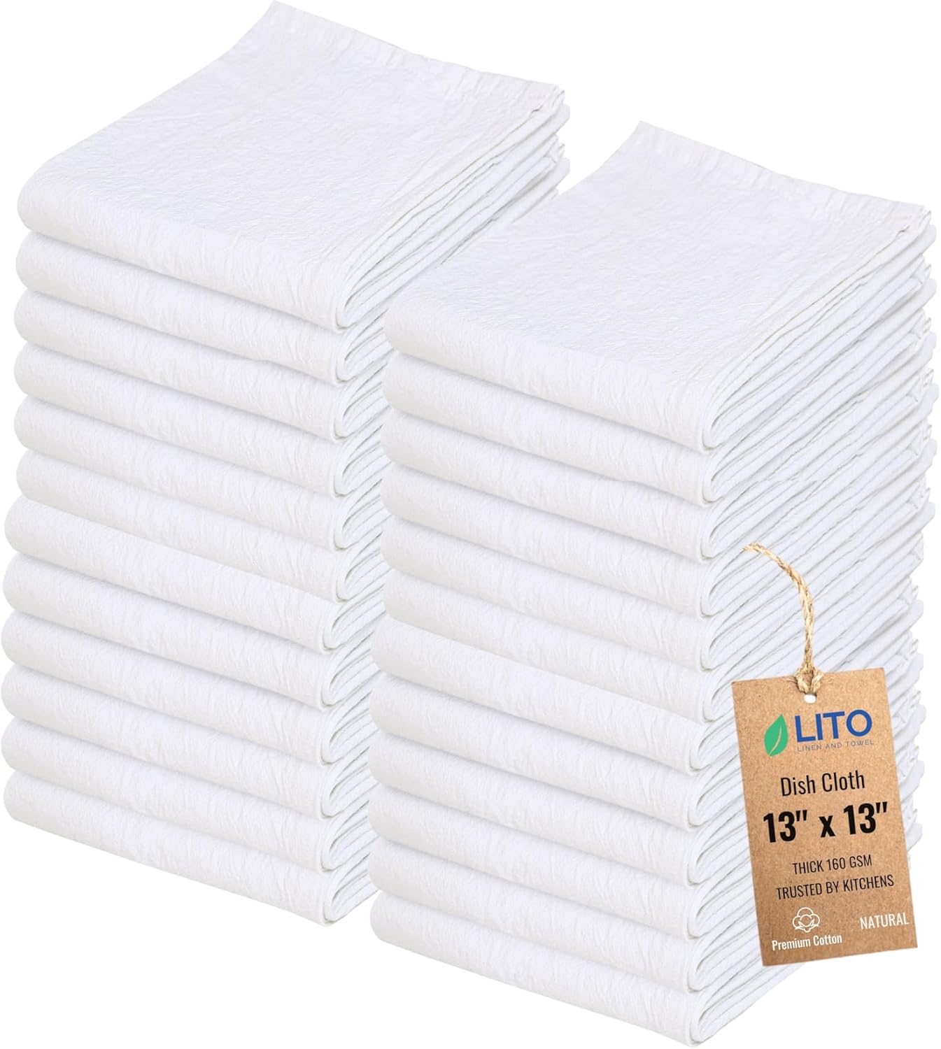 Dish Cloths Cotton - Kitchen Wash Cloth, Shop Towels Absorbent and Lint Free Flour Sack, Dishcloths for Kitchen Washing Dishes, Thick Absorbent Quick Dry Dish Rags, 24 Pack 13"x13" Natural