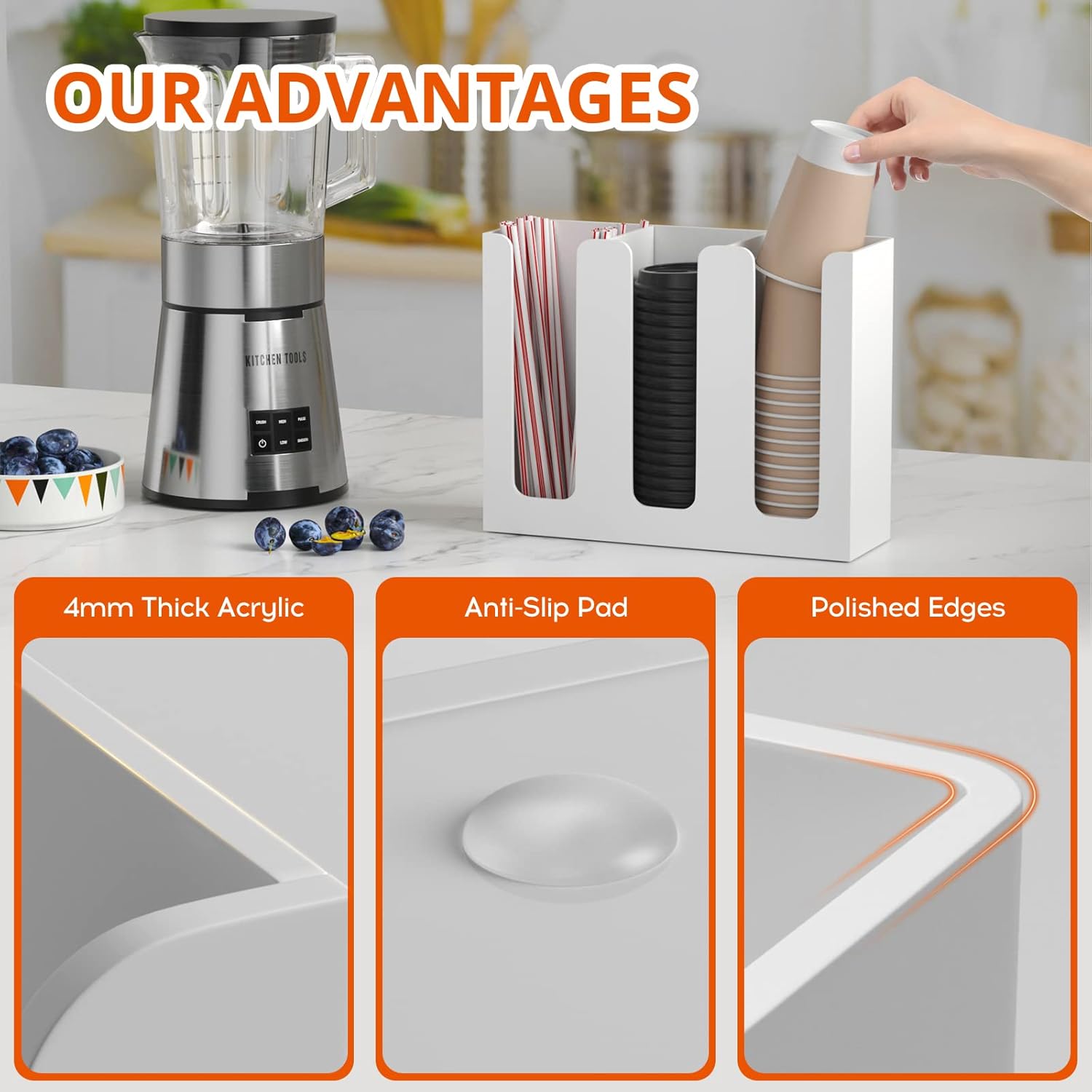 Richboom Acrylic Coffee Cup and Lid Storage Organizer Holder, 3 Compartments, White