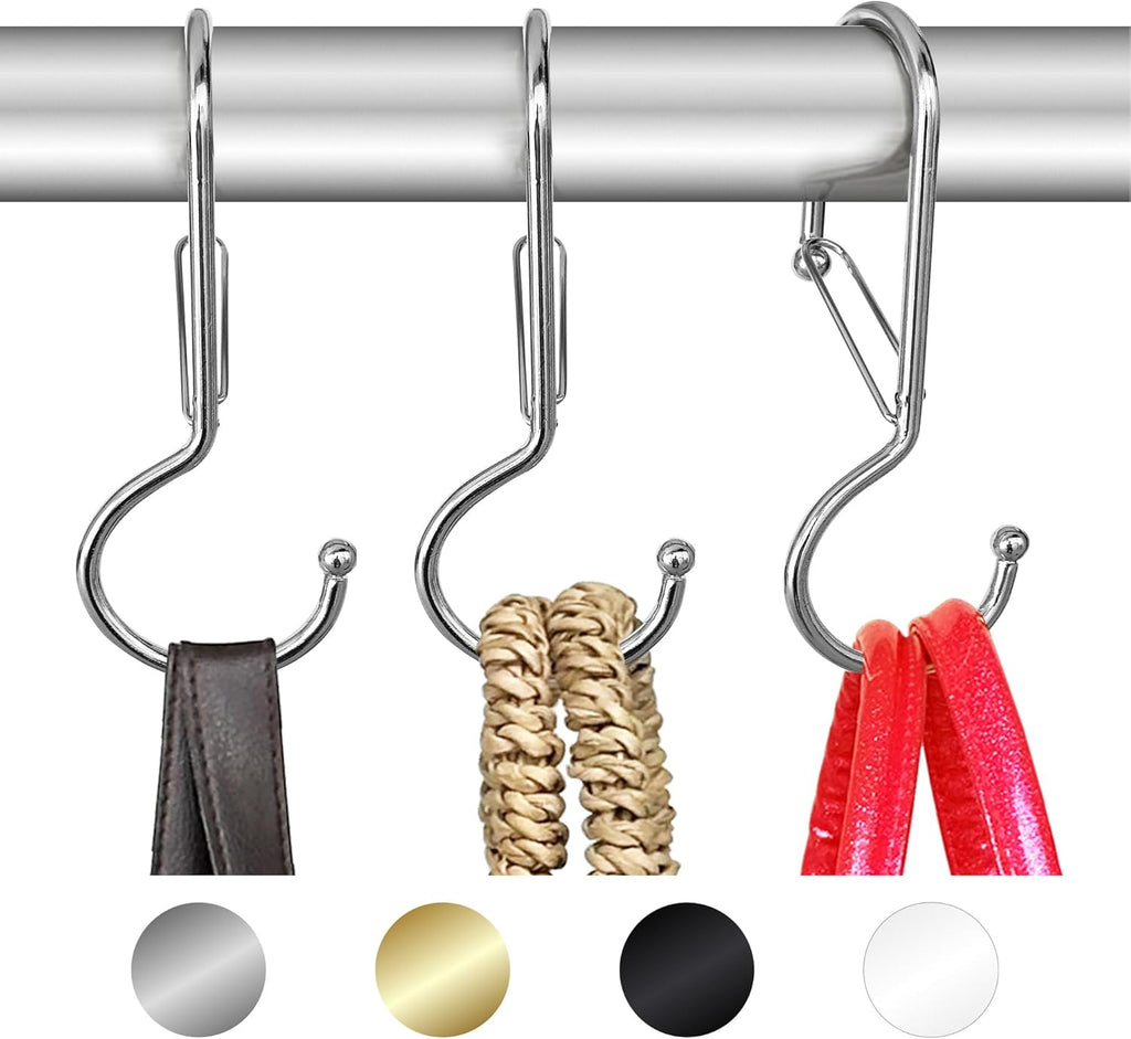 6 Purse Hanger for Closet. Tote Hanger. S-Shaped Hooks S Hooks Twist Design. Anti Drop S-Shaped Hook for hanging handbags with Safety Buckle to Prevent Falls. Heavy Duty. (Silver, Twisted)