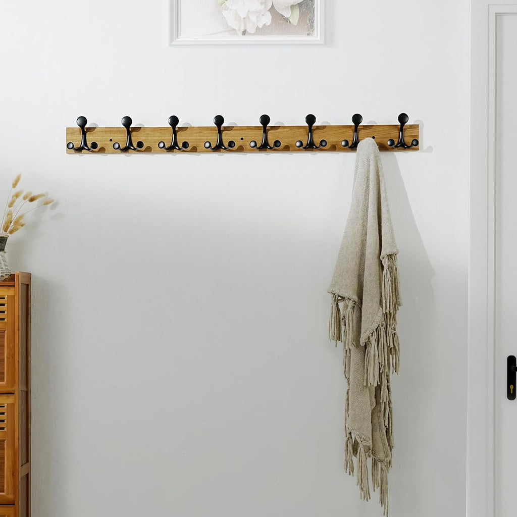 SKOLOO 43-Inch Light Brown Wood Coat Rack Wall Mount with 8 Triple Hooks - Ideal for Family Entrances, Classrooms, and Pet Supplies Storage - Perfect Coat Hooks for Wall