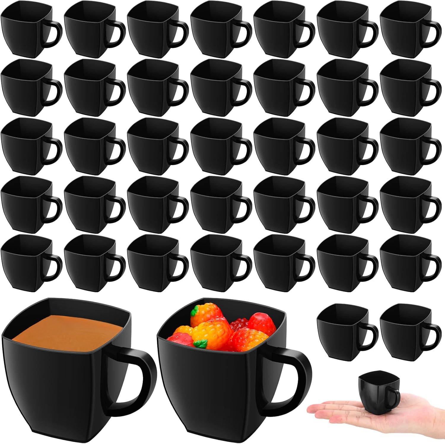 Amyhill 100 Pcs Disposable Tea Cups Mini Plastic Tea Cup Bulk with Handle Hard Plastic Coffee Mug Disposable Square Espresso Mug for Party Catering (Black)