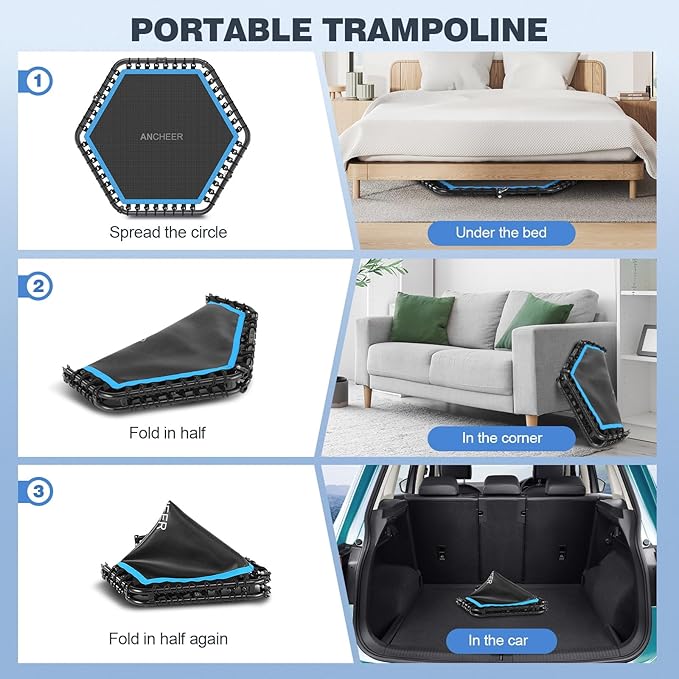 ANCHEER 50" Rebounder Trampoline for Adults- 2025 Foldable Mini Trampoline with Bar- Exercise Trampoline for Adults, Max Load 450lbs/550lbs, for Indoor/Garden Workout