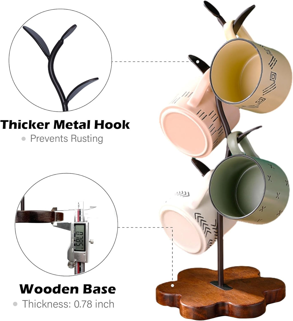 Mug Tree for Coffee Cups – Rustic Mug Holder Stand with 4 Hooks, Countertop Cup Rack for Coffee Bar & Kitchen Organization