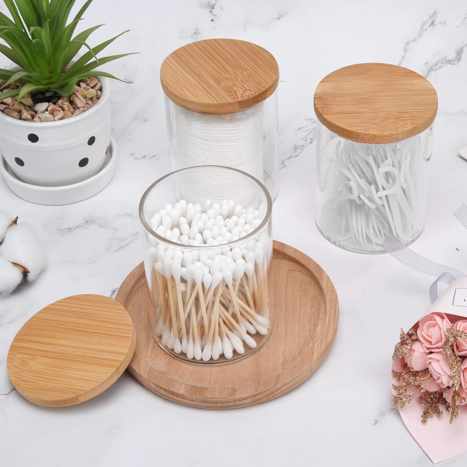 3 Pack Glass Qtip Holder Dispenser Set - Apothecary Jars with Lids for Vanity Makeup Organizer - Bathroom Canister Storage Organizer for Cotton Ball,Swab,Round Pads,Floss