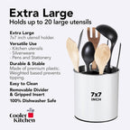 Rotating Extra Large Stainless Steel Utensil Holder Caddy with Sturdy No-Tip Weighted Base, Removable Divider, and Gripped Insert Bottom - Dishwasher Safe Metal Cooking Utensil Holder (White)