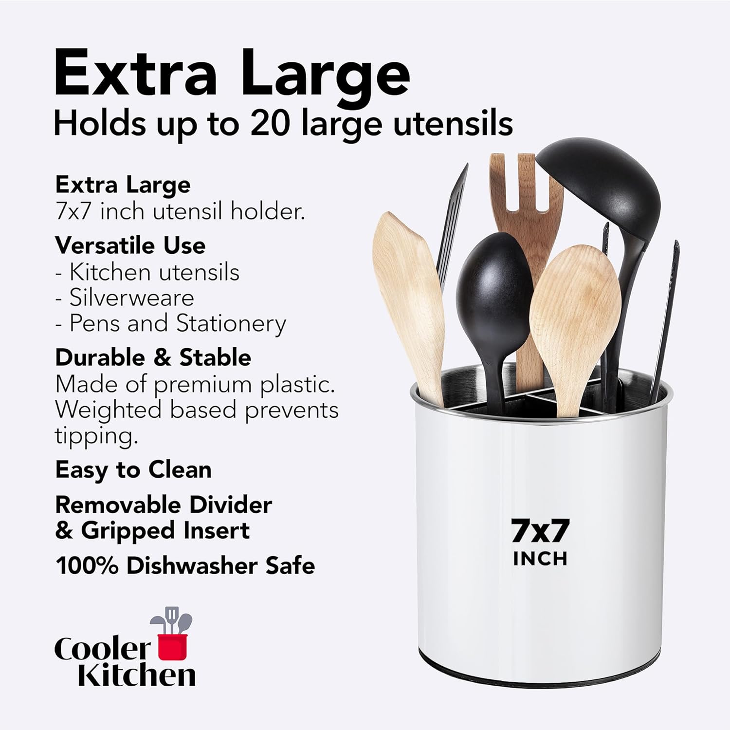 Rotating Extra Large Stainless Steel Utensil Holder Caddy with Sturdy No-Tip Weighted Base, Removable Divider, and Gripped Insert Bottom - Dishwasher Safe Metal Cooking Utensil Holder (White)
