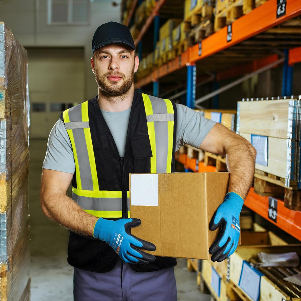 KAYGO Safety Work Gloves PU Coated for Men and Women- KG11PB,12 Pairs,Seamless Knit Glove with Two Fingers Touchscreen,Ideal for General Duty Work (Blue,XL)