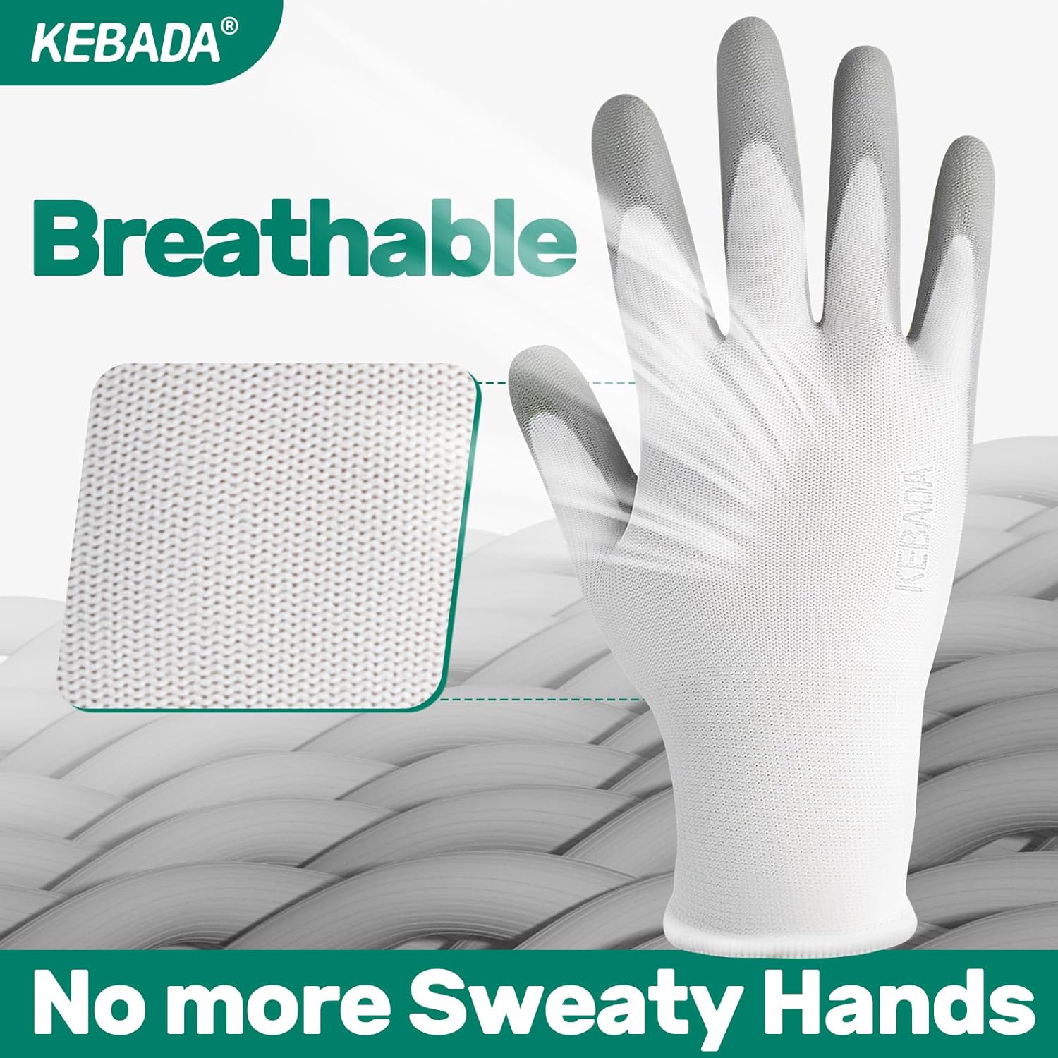 Kebada W1 Work Gloves for Men and Women, 12 Pairs Touchscreen Safety Gloves with Grip, PU-Coated, Ideal for Light & Medium Duty Tasks, White, X-Large