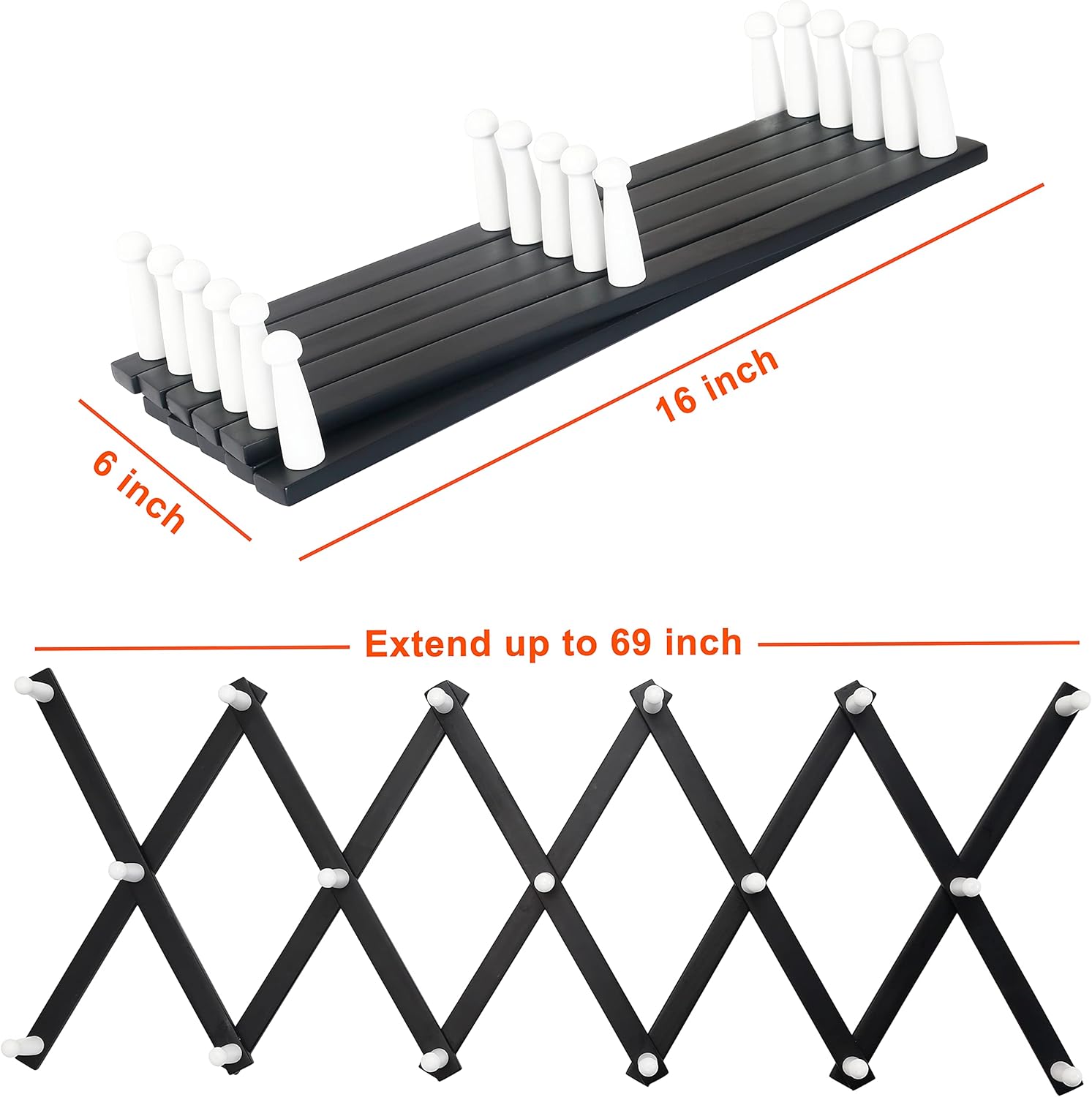 Dseap Accordian Wall Hanger: 16” High Wooden Wall Expandable Coat Rack, Hat Rack Holder, Accordion Hook for Baseball Caps, Coats, Mugs,17 Peg Hooks, Black & White