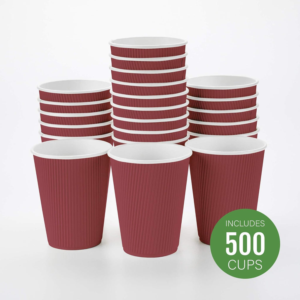 Restaurantware 12 Ounce Ripple Wall Disposable Coffee Cups, 500 Insulated Crimson Paper Tumblers with Rolled Rim Design, Lids Sold Separately for Hot Drinks like Tea, Hot Chocolate and More