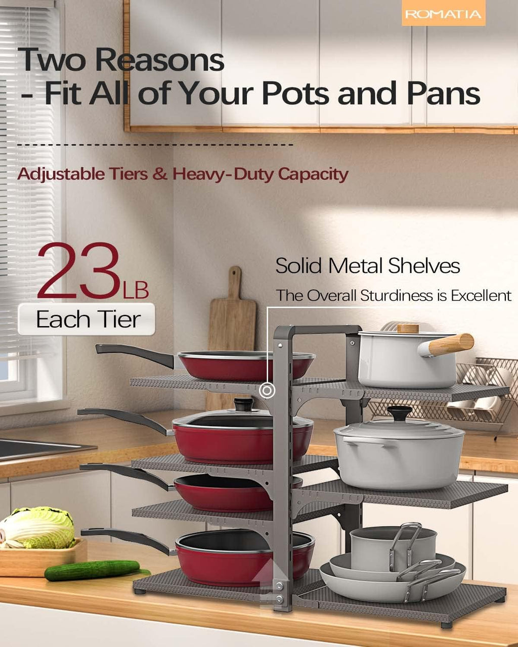 Pot and Pan Organizer Rack for under Cabinet, Heavy Duty Pot Pan Rack under Sink Organizers and Storage, Pot lid organizer, Kitchen Cabinet Organizer with 7 Adjustable Shelves