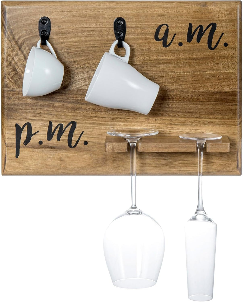 MyGift Premium Solid Acacia Wood Wall Mounted Mug and Wine Glass Holder Rack – Rustic Coffee and Wine Bar Organizer with Cursive A.M. / P.M. Design