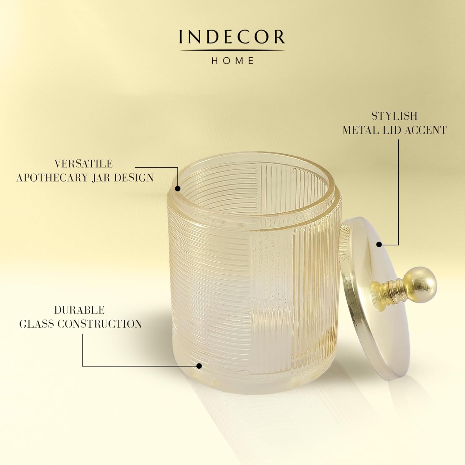 Glass Jar with Metal Lid for Bathroom Organization, Clear Apothecary Jar for Cotton Balls, Q Tips, and Small Accessories, Stylish Bathroom Storage Container Tan, Gold