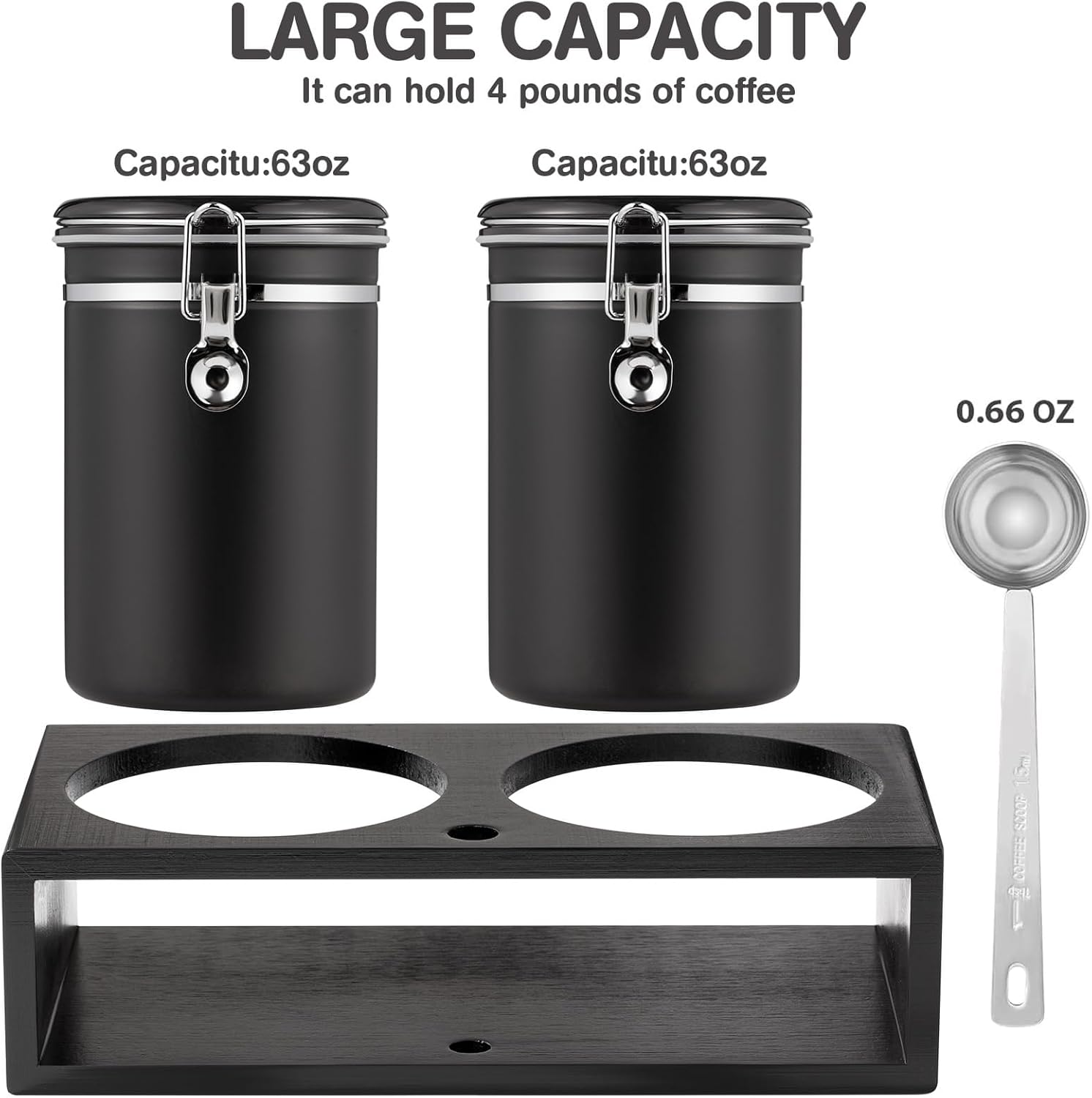 Yangbaga Ground Coffee Storage Container with Shelf, 2×63OZ 304 Stainless Steel Coffee and Sugar Container,Airtight Coffee Canisters with Scoop, Food Storage Jars for Kitchen,Nuts,Tea,Sugar