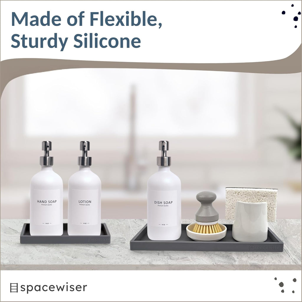 Countertop and Vanity Tray - 2 PC (11” and 7”) Shatterproof Silicone Kitchen and Bathroom Trays for Counter, Kitchen Soap Dispenser Tray, Vanity Trays for Bathroom, Perfume Key Tray