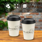 Smygoods Disposable Coffee Cups with Lids, To Go Paper Hot Cups, Rise and Shine Design (12 OZ, 100 Count) For Hot Beverages, Coffee, Tea, Espresso, Cocoa - Vasos Para Cafe