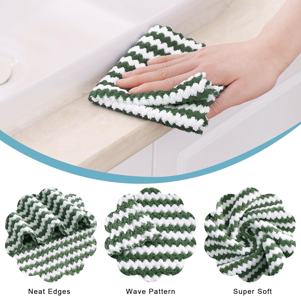 Homaxy 18 Pack Kitchen Dish Cloths, Ultra Soft and Absorbent Dish Towels, Reusable Fast Drying Microfiber Cleaning Cloth, Coral Velvet Wave Design No-lint,10 x 10 inches, Grass Green