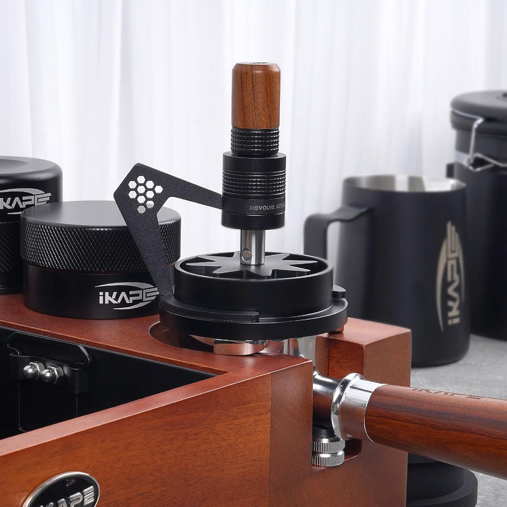 IKAPE Mantis WDT Distribution Tool with Clean Brush, 51mm Espresso Stirrer Distribution Tool for Barista - 8 Needle Espresso Stirrer with Dosing Funnel & Stand, Adjustable Needle Height, Walnut Handle