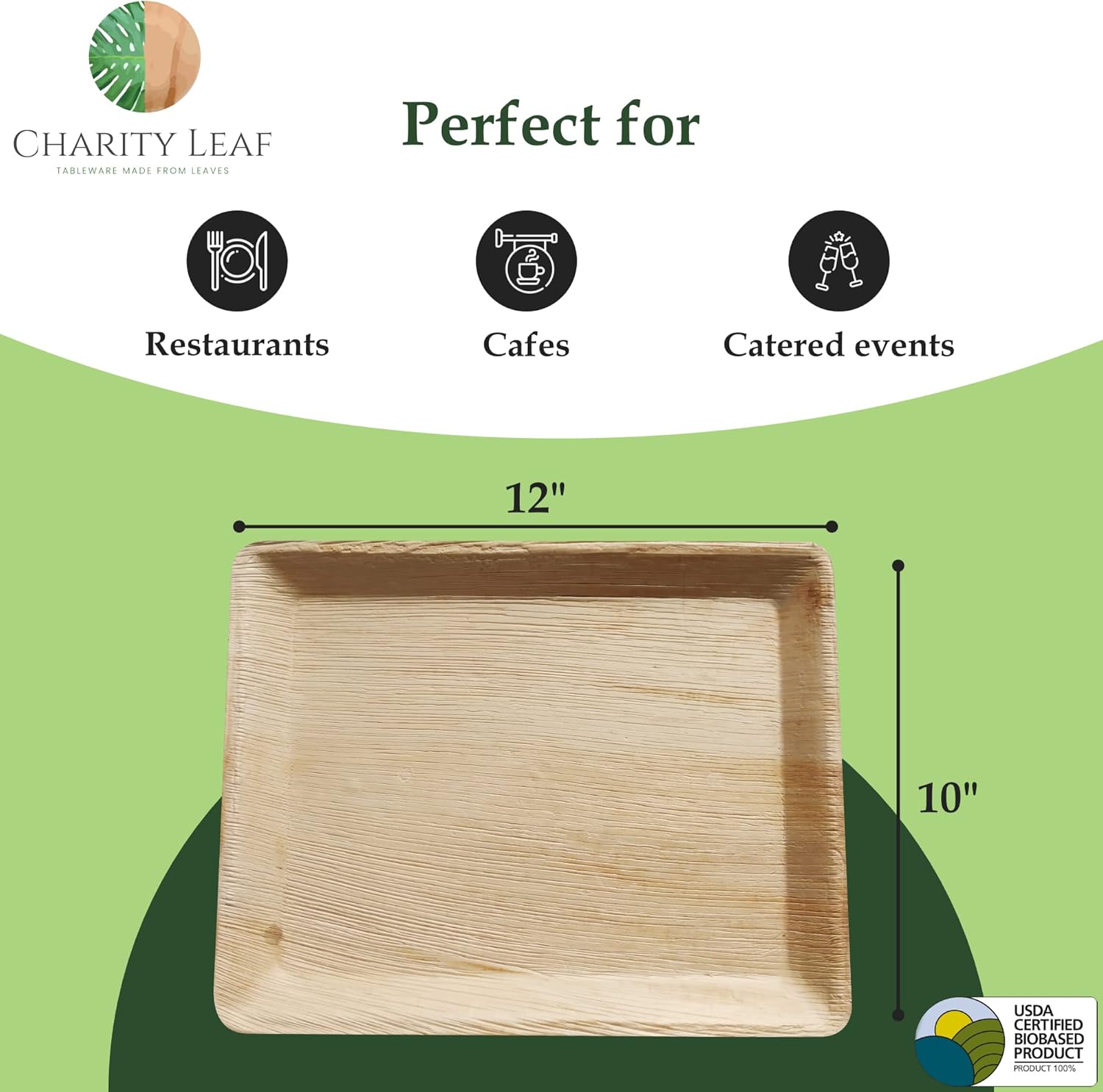 Charity Leaf Disposable Palm Leaf 12" x 10" Trays (100 pieces) Bamboo Like Serving Platters, Disposable Boards, Eco-Friendly Dinnerware For Weddings, Catering, Events