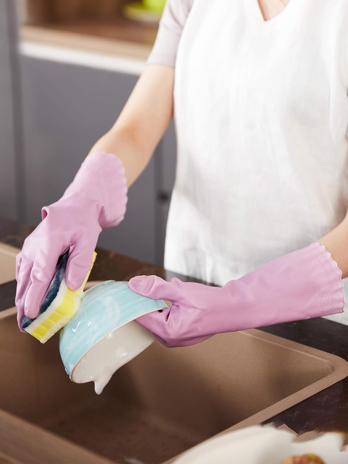 LANON 3 Pairs wahoo Skin-Friendly Cleaning Gloves, Dishwashing Kitchen Gloves with Cotton Flocked Liner, Reusable, Non-Slip, Mauve Mist, Small
