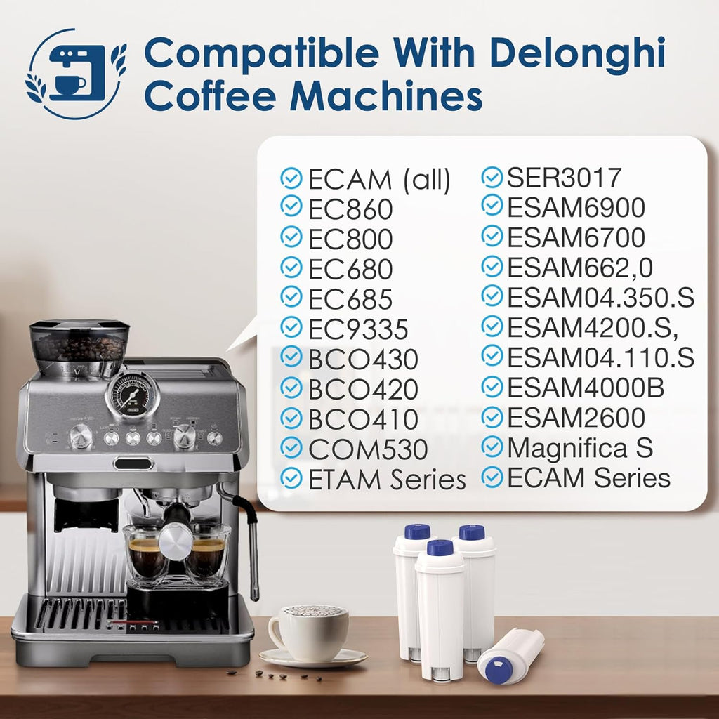DLSC002 Water Filter Replacement Compatible With Delonghi Coffee Machine Filter Activated Carbon Softener For De'longhi Magnifica evo, Dinamica, Eletta, ECAM, ESAM, ETAM, Bco410/420, Ec680/800, 4 Pack