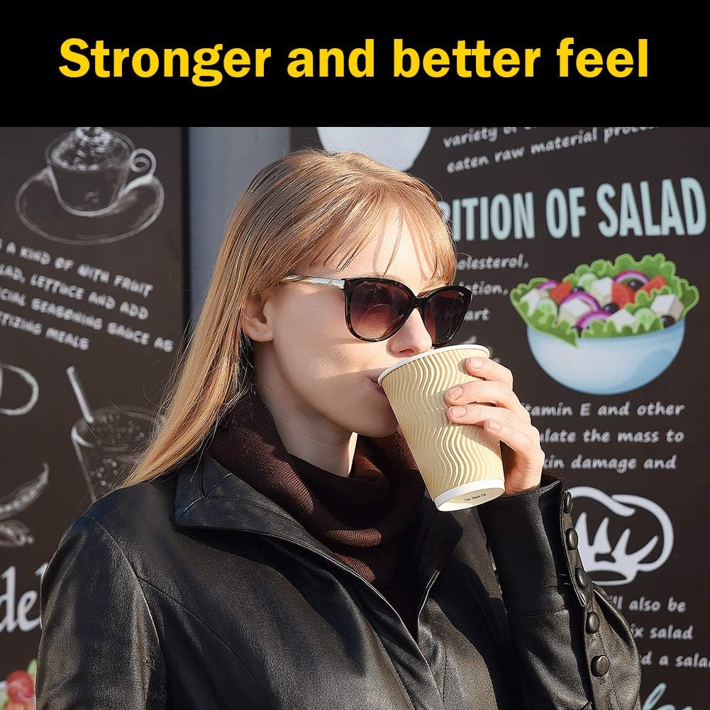 Disposable Paper Coffee Cups with Lids, 100 pack 12 oz Ripple Wall Insulated To Go Coffee Cups for Hot/Cold Beverage, Recyclable Takeaway Drinking Cups for Home Office Cafe Party