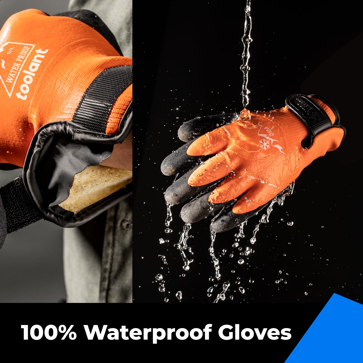toolant 100% Waterproof Gloves Bulk for Cold Weather, 3 Pairs, Winter Work Gloves for Men Touchsreen, Warm Freezer Gloves, Thermal Insulated, With Grip, Orange, Lagre