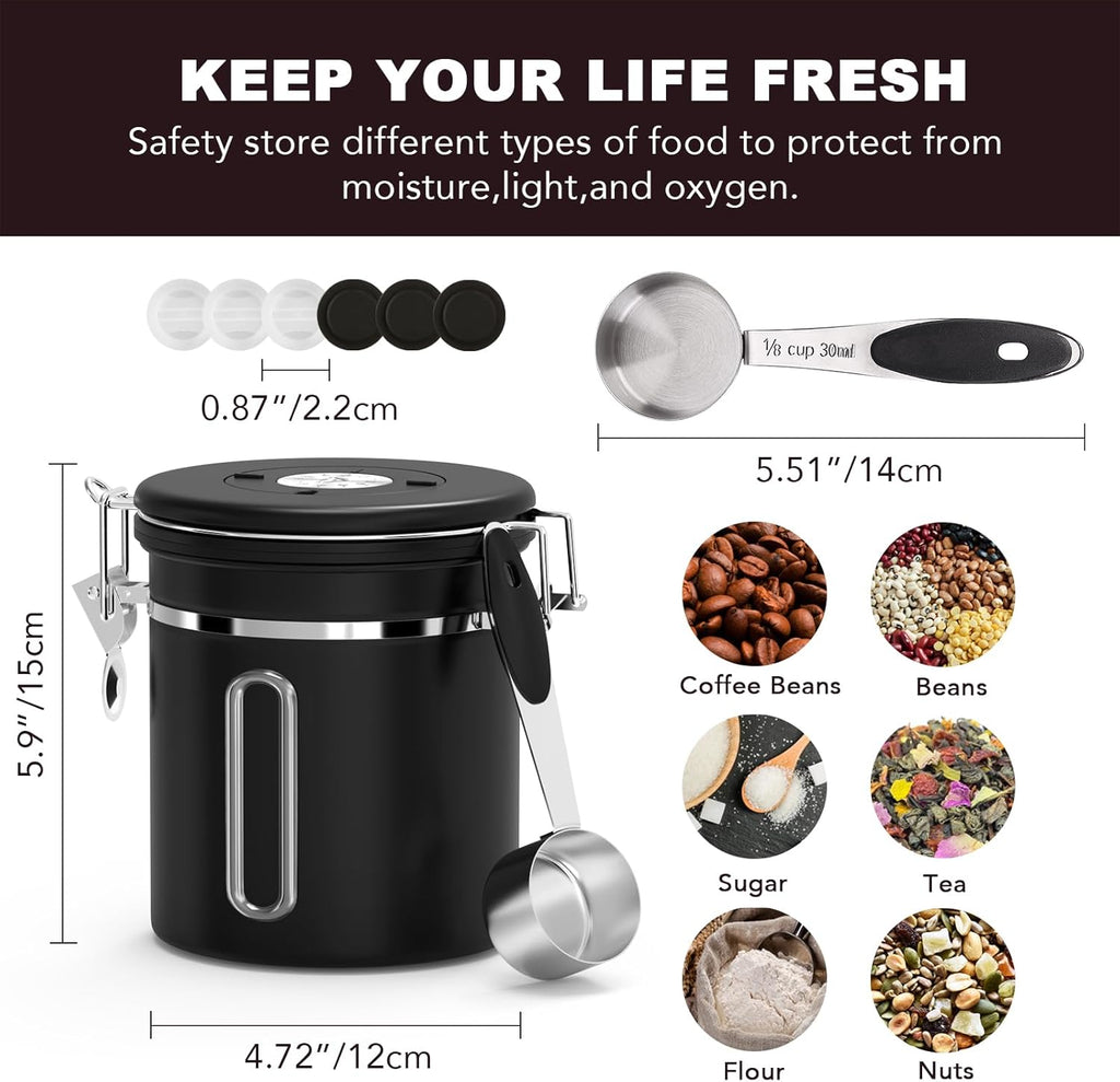 ShanSon Coffee Canister Airtight Coffee Container Stainless Steel Coffee Bean Storage Container with Scoop and See Through Window Coffee Canister for Beans Grounds Sugar Flour Tea Cereal,16OZ, Black